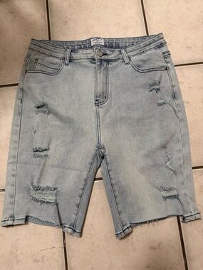 White Birch Light Blue Distressed Denim Bermuda Shorts